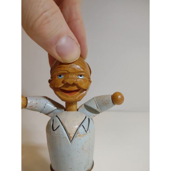 ANRI Mechanical Bottle Stopper Push Head Arms Move Wood Hand Carved Puppet Bar - Picture 4 of 5